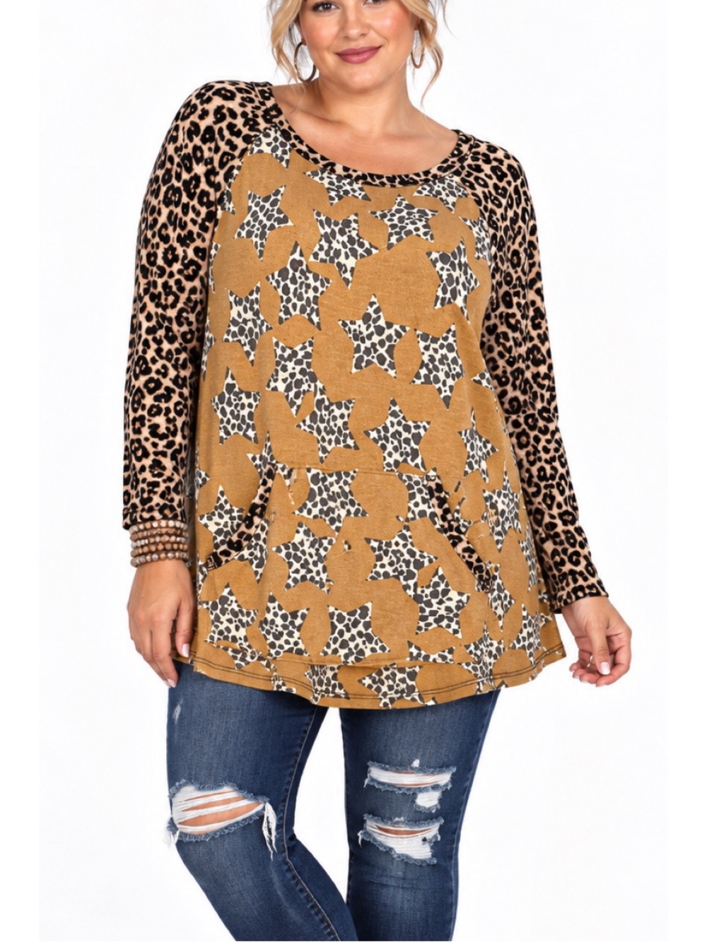 Celeste Mustard brown leopard & star print long sleeve tunic top